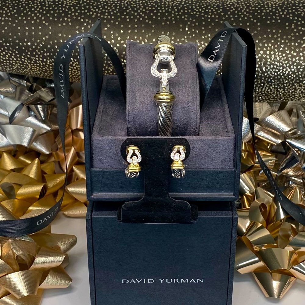 DAVID YURMAN Gift Set: 18K Sterling Diamond Buckle 10mm Bracelet and Ear…